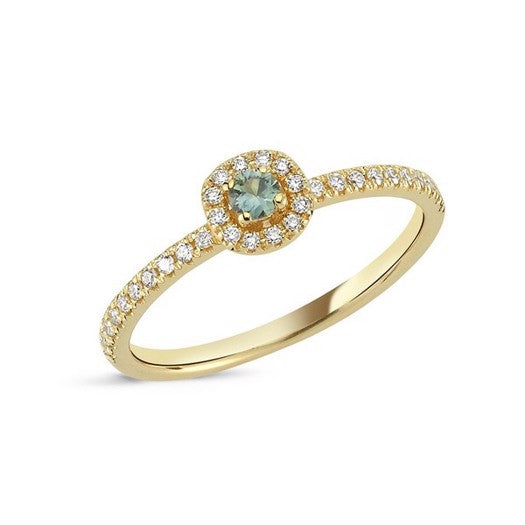 Sofia Nuran ring i 14 kt guld med grøn safir og 0,17 ct diamanter i halo-design fra Nuran.